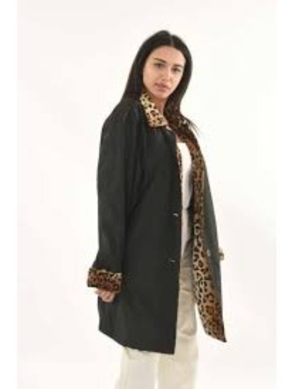 Dennis Basso Women’s Water Resistant Reversible Black Animal Print Raincoat Jack